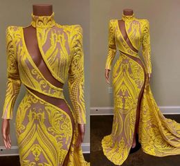 Long Sleeve Sexy Prom Dresses 2022 High Neck Side high Slit Yellow Sequin applique African Black Girls Mermaid evening Party Gowns PRO121