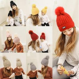 Parent-child Kids Winter Hats Baby Mom Solid Pom Pom Beanie Knitting Caps Baby Warmer Hats Girls Children Cap Hat