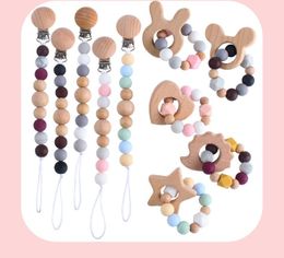 INS baby Safty Wooden Soothers & Teethers Star Love Heart Shape Beads Ball Design Health Care Teething Training Infant 27cm 25g Pacifier Anti-Drop Chain Over 3 Months