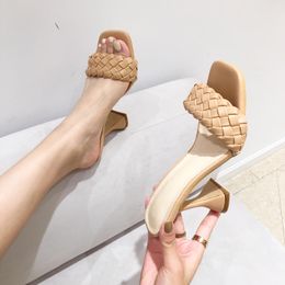 Summer Women Slippers 2020 Sexy High Heels Shoes Woman Heels Sandals Female Mule Square Toe Slides Sexy Party Ladies Shoes Y1202