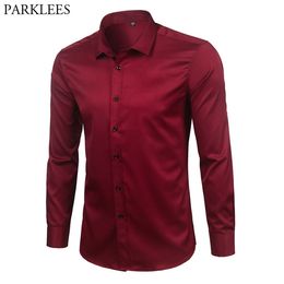 Brand Wine Red Bamboo Fibre Mens Dress Shirts Slim Fit Long Sleeve Chemise Homme Casual Button Down Elastic Formal Male Shirt C1210
