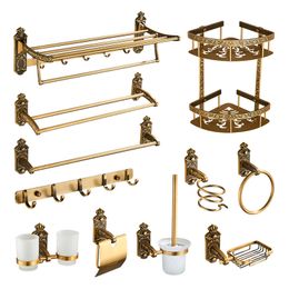 Bathroom Accessories Antique Brass Bathroom Shelf, Towel Ring, Paper Holder, Toilet Brush, Coat Hook, Bath Rack, Soap Dish LJ201211