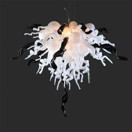 White Lamps Hand Blown Glass Chandelier Black Leaves Art Pendant LED Chandeliers for House Decoration Living Room 28 by 24 Inches