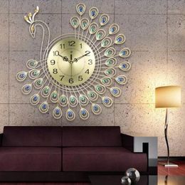 Wall Clocks Large 3D Gold Diamond Peacock Clock Metal Watch For Home Living Room Decoration DIY 53x53cm1