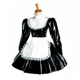 11 Colours Gothic Lolita Dress Women Bowknot Lace Dress With Apron Puff Long Sleeve PVC Wetlook Dress Maid Cosplay Halloween Costume