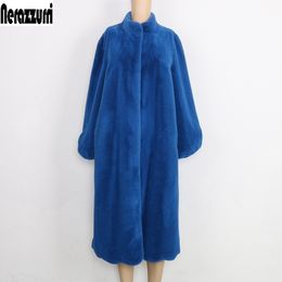 Nerazzurri Fluffy blue black pink elegant winter faux fur coat women Long plus size fashion 4xl 5xl 6xl 7xl Warm soft furry coat 201029