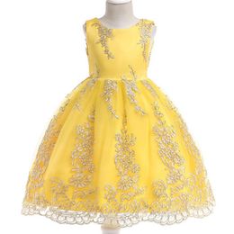 Flower Girl Embroidery Yellow Sleeveless Princess Dress Kids Party Wedding Birthday Ball Gown Clothes Costume Dresses 3-10 BW117