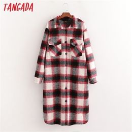Tangada Women Winter Elegant Red Plaid Pattern Woolen Coat Loose Pockets Female Outerwear Chic Overcoat 1D26 201218