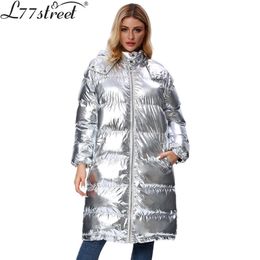 L77street Liizi Winter Thick Tooded Shiny Woman Winter Jacket Silver Long over-the-knee versatile Cotton coat 201217