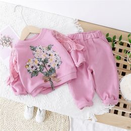 2020 Baby Girls Clothing Sets Beautiful Flowers Lace T Shirt Pants Toddler Infant Clothes Children Vacation Costume LJ201223