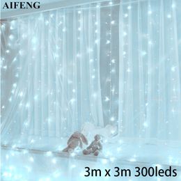 AIFENG Led Curtain Light 3Mx3M 300Leds Garland USB Powered Fairy Light Silver Copper Wire Xmas Curtain Light Wedding Party Decor 201203