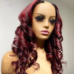 U Part Human Hair Wigs 250 Density Ombre Highlight Burgundy Red 99j Body Wave For Women Remy UShape Wig With Straps 30Inches