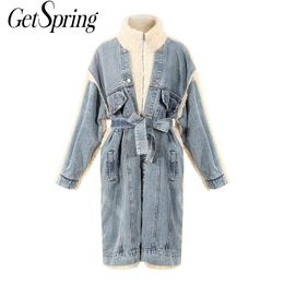 Women's Fur & Faux Women Winter Coat Denim Stitched Lamb Hair Thickened Loose Long Jacket Irregular Lace Up Overcoat