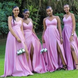 Light Purple Bridesmaid Dresses Spaghetti Straps Sleeveless A Line Floor Length Satin Side Slit Maid Of Honour Gown Country Wedding Party Vestidos 403 403