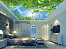 Beautiful 3d ceiling murals wallpaper blue sky white clouds green leaves ceiling background decorative painting