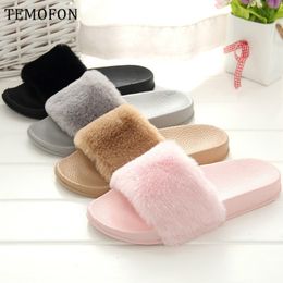 TEMOFON fashion women slippers furry sliders faux fur flats shoes ladies summer autumn winter indoor house slippers soft HVT1298 Y201026