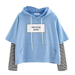 Hoodies Morning selfie moletom Women Striped Patchwork Hoodies Sweatshirts With Front Pocket crop top hoodie I28T Drop Shipping 200924