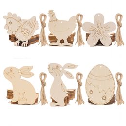 10pcs/lot Wooden Easter Pendant Happy Easter Eggs Rabbit Bunny Hanging Ornament Kids Easter DIY Toys