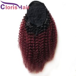 1B 99J Coloured Ponytail Extensions Wine Red Drawstring Afro Kinky Curly Brazilian Virgin Human Hair Ponytail For Black Women Burgundy Ombre Hairpiece