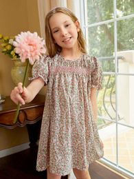 Girls Ditsy Floral Puff Sleeve Keyhole Back Shirred Detail Dress SHE