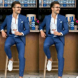 Fashion Blue Striped Men Suits for Wedding Groom Tuxedo 2 Piece Custom Made Fashion Set Jacket (Jacket+Pants)