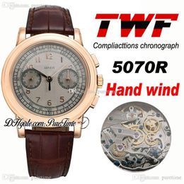 TWF Platinum Compliacttions Chronograph 5070R Hand Winding Automatic Mens Watch 18K Rose Gold Grey Dial Brown Leather PTPP Puretime P5i9