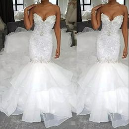 2021 Vintage African Cheap Mermaid Wedding Dresses Sweetheart Lace Appliques Beads Chapel Train Organza Ruffles Tiered Formal Bridal Gowns