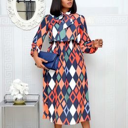 Women Printed Dresses Mid-Calf Long Lantern Sleeves Pleated with Bowtie Collar Elastic Waist African Fashion Vestidos Female New LJ200818