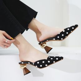 Chic High Heels Women Pointed Toe Mules Elegant Half Slippers Black White Dot Ladies Office Shoes Pumps Y200624