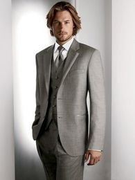 Hot Sell Light Grey Men Work Business Suits 3 Pieces Notch Lapel Groom Tuxedos Set (Jacket+Pants+Vest+Tie) W1168