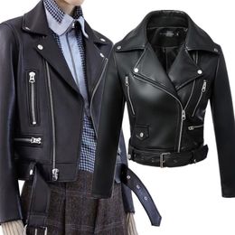 Ailegogo New Women Black Faux Leather Jacket Autumn Winter Short Soft Pu Leather Jackets Belt Zipper Moto Biker Coat LJ201012