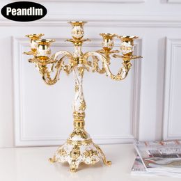 Luxury 5-arms Candle Holders Wedding Centrepiece Shiny Gold Plated Candlestick Holder Party Anniversary Home Decorations 5XX129 Y200109