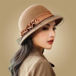 Winter Black Wool Felt Fedora Hat With Veil Flower Pearl Wide Brim Bowler Hats Fedoras Vintage Ladies Chapeau Femme