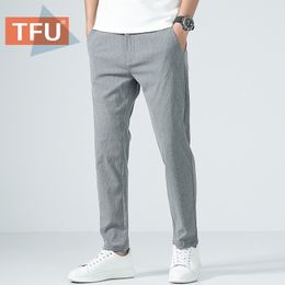 TFU Spring New Men's Slim Casual Pants Fashion Business Stretch Trousers Male Summer Brand Plaid Zipper Pants Joggers Men 201126