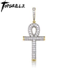 TOPGRILLZ Solid Back Ankh Cross Necklace Men Hip Hop Pendant Necklaces Iced Out AAA+ Bling CZ Stone Gifts Drop 220217