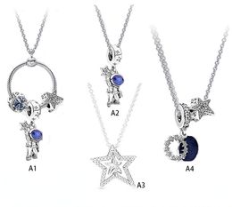 Genuine S925 Sterling Silver Fit Pandora Star Astronaut Necklace Couple DIY Heart Love Heart Blue Crysta Charm For Necklace Beads Charms