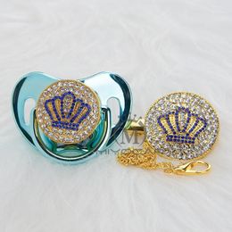 beautiful gold sets Canada - Pacifiers# MIYOCAR Gold Beautiful Blue Bling Crown Pacifier And Clip Set BPA Free Dummy Unique ABCB-81