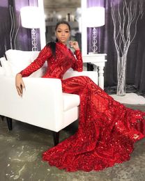 Elegant African Style High Neck Prom Gowns Red Lace Sequins Long Sleeves Mermaid Evening Party Dress for Special Occations Custom Made