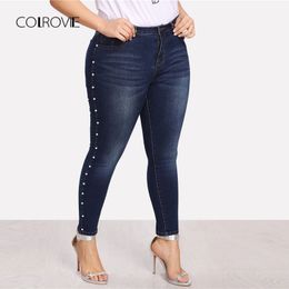 COLROVIE Plus Size Blue Pearls Beads Casual Denim Jeans Woman Autumn Vintage Pocket Skinny Women Jeans Femme Stretchy Pants 201029