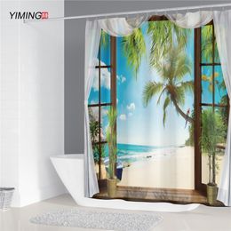 3D seascape scenery natural scenery waterproof shower curtain polyester washable polyester mildew with hook curtain 200*180cm LJ201128