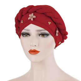 Fashion Trend Europe and America Baotou Cap Twist Braid Turban Hat Flower Nail Golden Pearl Muslim Cap