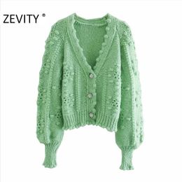 Zevity new women fashion v neck ball appliques cardigan knitting sweater lady long sleeve casual buttons sweaters chic tops S387 210218