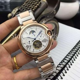Classic Top Stylish Automatic Mechanical Self Winding Watch Men Gold Silver Wristwatch Moon Phase Tourbillon Design Casual Full Stainless Steel Clock 545H