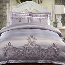 Silver Cotton Chinese Embroidery Bedding Sets Queen King size Luxury Red Wedding Duvet cover Bed sheet/linen set Pillowcase 201021