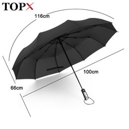 Fully-Automatic Handle 3Folding Male Commercial Compact Large Strong Frame Outdoor Windproof 10Ribs Gentle Luxury Umbrella women 201218