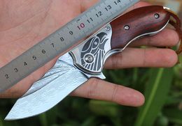 1Pcs New Damascus Flipper Folding Knife VG10 Damascus Steel Drop Point Blade Rosewood + Steel Head Handle Ball Bearing Knives