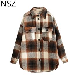 NSZ women plaid wool blouse long sleeve checked oversized woolen shirt turn down collar thick ladies vintage chic top blusa LJ200812