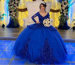 Sparkly Royal Blue Quinceanera Dresses Vestidos De 15 Años Beads Sequin Sweet 16 Dresses Long Sleeve Tulle Masquerade Prom Birthday Celebrity Party Ball Gowns