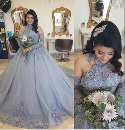 Grey Quinceanera Dresses Beaded Applique High Collar Off Shoulder Tulle Long Sleeves Handmade Flowers Sweet 16 Party Ball Gown 403