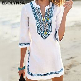 Women Beachwear Cover-ups Vintage Embroidered Summer Beach Dress White Cotton Tunic Swimsuit Cover Up Sarongs plage #Q549 T200324